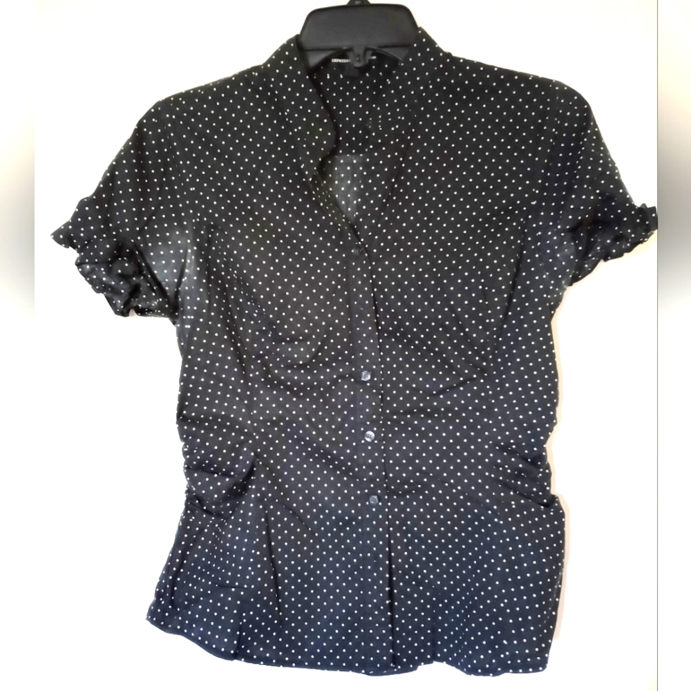 BLACK/WHITE POLKA DOT BUTTON DOWN SHIRT, EXPRESS DESIGN STORE, SIZE SMALL